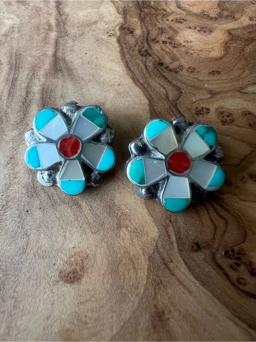 Vintage Zuni Style unsigned Turquoise, MOP & Coral Sterling Inlay Clip Earrings